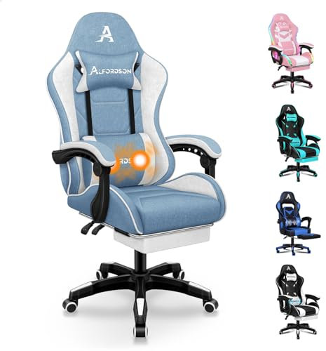 ALFORDSON Sedia da gioco, sedia da ufficio massaggiante, sedia da gioco ergonomica con poggiapiedi e poggiatesta, cuscino lombare massaggiante, morbida imbottitura, Tessuto, Blu e Bianco