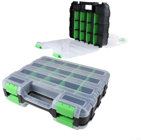 Boîte de rangement à outils double face, avec 34 compartiments réglables, séparateurs amovibles, couvercle transparent, pour écrous et vis