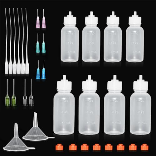 8 Stück Nadelflasche 30/50ml, Nadelflaschen mit 10 Dosiernadeln Und 8 Kappen, Nadelspitzen Dosierflasche für Flüssigkeit, Applikator Flasche für DIY Handwerk Nachfüllkleber Nähmaschinenöl