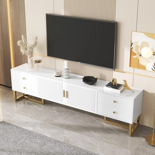 Mobile TV con 4 cassetti, mobile TV con maniglie dorate e piedini dorati, per TV fino a 75 pollici, tavolo TV con porta strutturata, per soggiorno, bianco e oro, 175 x 30 x 46 cm