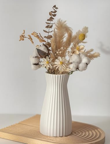 NUPTIO Ceramic White Vase for Flower: 20cm Tall Ribbed Textured Centrepiece | Waterproof, Farmhouse/Boho/Modern Vases for Pampas Grass, for Living, Room, Bedroom, Kitchen, Window, Shelf, Coffee Table