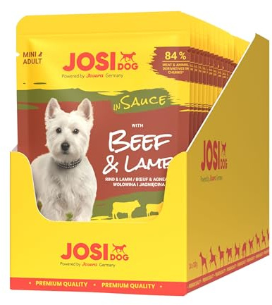JosiDog Mini Beef & Lamb in Sauce | 24x 100g | Hudefutter nass in Soße | Adult | Premium Nassfutter für kleine Rassen im Frischebeutel | Feines Rind & edles Lamm in Sauce | powered by JOSERA
