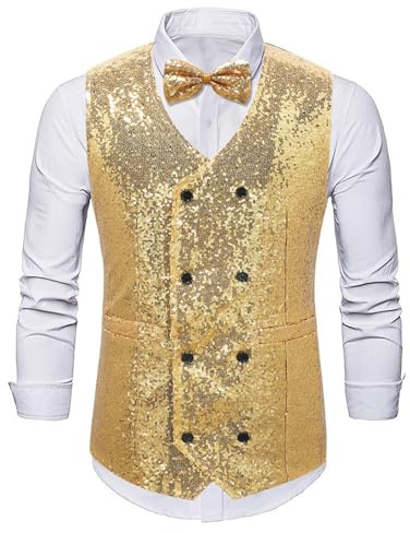 Generisch Pailletten Weste Herren Glitzer mit Fliege Set V-Ausschnitt Anzugweste Jacket Glänzende Pailletten Anzug Festlich Karneval Kostüm