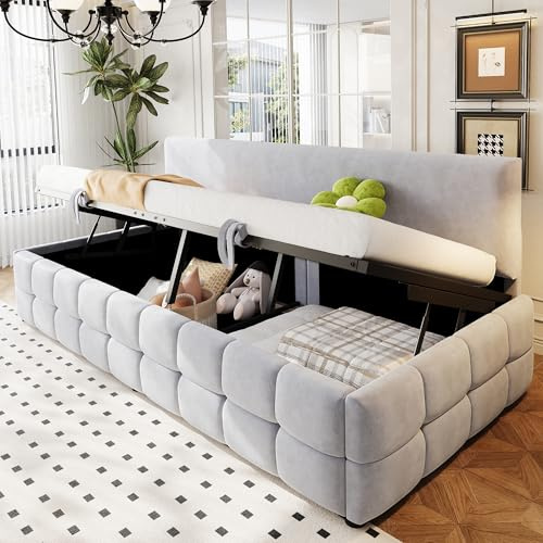 Qsddk Schlafsofa Polsterbett 90x200 cm, Hydraulisches Bett mit Stauraum, Einzelbett Tagesbett mit Markantem, Bettgestell mit Lattenrost, Samt, Hellgrau, Ohne Matratze