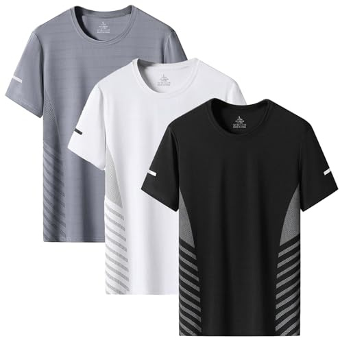 3 Pack Mens T-Shirts Quick Dry Sport Tops Breathable Moisture Wicking Athletic Gym Tshirts Crew Neck Running Workout Shirts (UK, Alpha, L, Regular, Regular, Black+White+Grey)