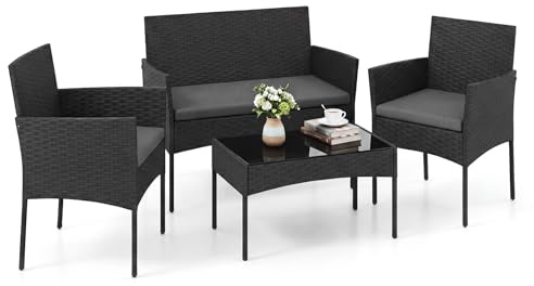 COSTWAY Rattan Gartenmöbel Set, Outdoor Lounge Möbel, Balkonmöbel Kleiner Balkon, Sitzgruppe mit 2 Stühlen, Bank, Tisch & Kissen, Sitzgarnitur, Terrassenmöbel, Gartengarnitur (Grau)