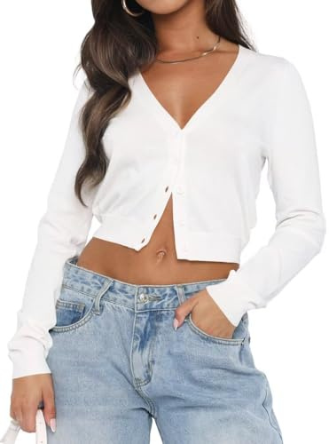 LACOZY Women's Long Sleeve Cardigans Open Front Knit Cropped Sweaters Lightweight V Neck Button Down Jacket Tops