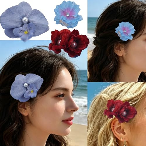 Atentuyi 3 Set Orchidee Haarspangen Blaue & Rote Blumen Haarschmuck mit Perlen & Strass Elegante Haarclips für Hochzeit Festival & Alltag Boho Haarschmuck für Frauen