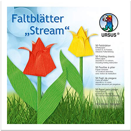 Ursus 3315599 - Faltblätter Stream, 120 g/qm, ca. 15 x 15 cm, 50 Blatt in 10 Farben, Effektpapier, beidseitig Bedruckt, inklusive Faltanleitung, ideale Grundlage für kreative Bastelarbeiten