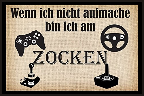Crealuxe Fussmatte - Wenn ich Nicht aufmache Bin ich am Zocken - 60x40 cm - Gummi Rückseite/rutschfest - Filzoberfläche - Bedruckte Türmatte - Innenmatte - Schmutzmatte