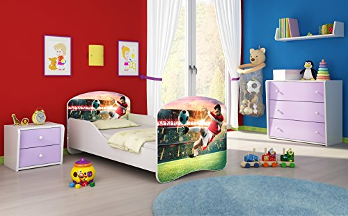 Kinderbett Jugendbett Komplett mit einer Schublade und Matratze Lattenrost Weiß ACMA I (180x80 cm, 37 Fußballer 2)