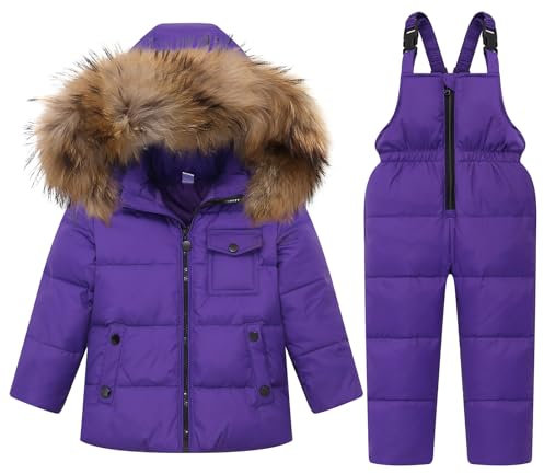 Kinder Schneeanzug Daunenjacke mit Kaputze + Schneelatzhose, Winter Bekleidungsset Jungen Mädchen Winterjacke und Daunenhose 2pcs Outfit Set, Violett 2-3 Jahre