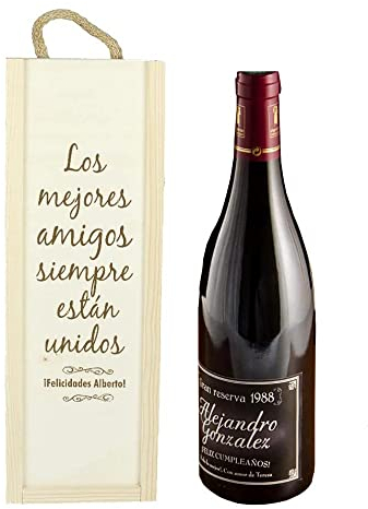 Caja de madera+ botella de vino (Botella de Vino con Etiqueta Gran Reserva Negra Personalizada, en Caja de Madera grabada)