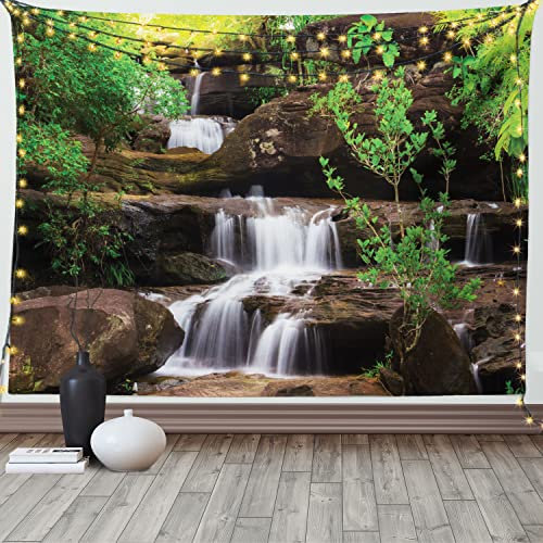 ABAKUHAUS Natur Wandteppich und Tagesdecke, Rock Treppe in Wasserfall aus Weiches Mikrofaser Stoff Waschbar ohne Verblassen Digitaldruck, 230 x 140 cm, Braun Grün