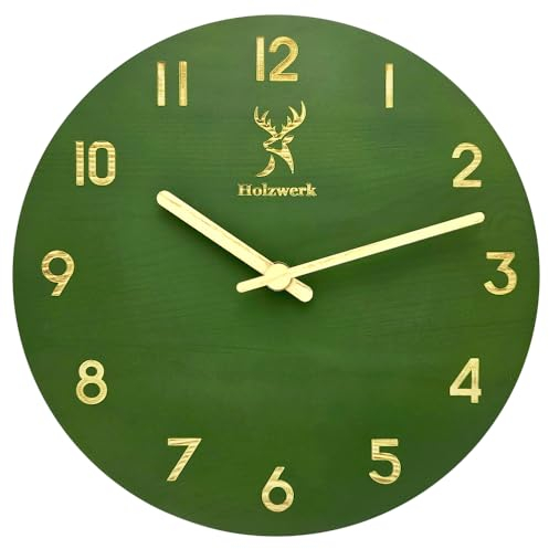 Holzwerk Natur Wanduhr Holz-Uhr Vintage lautloses Uhrwerk ohne Tickgeräusche Grün lautlos aus handgefertigtem Massivholz Natur Holz mit Hirsch Motiv (Grün.)