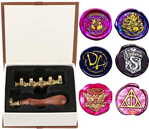 Ensemble de sceaux de cire personnalisés Lilico pour Harry Potter et la boîtecadeau de fête de Poudlard, comprend une poignée en bois vintage et 6 têtes en laiton de tampons de cire scellés amovibles