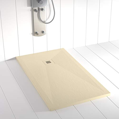Receveur de douche en résine PLES Crème avec grille couleur 120x90 – Texture ardoise – Antidérapant – Grille et siphon inclus