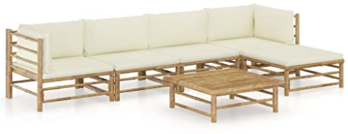 vidaXL Gartenmöbel 6-TLG. mit Cremeweißen Kissen Garten Garnitur Sitzgruppe Sofa Gartensofa Lounge Sitzgarnitur Gartenset Mittelsofa Ecksofa Fußhocker Bambus
