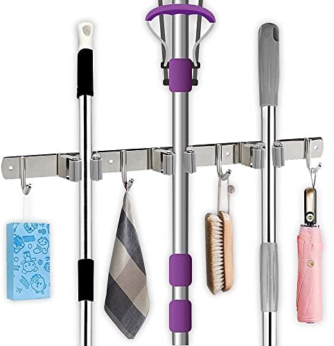 Broom Mop Holder, Mop Broom Brush Organizer Wall Mounted Heavy Duty Stainless Steel Tool Hanger with 3 Racks 4 Hooks Ideal for Home, Kitchen, Garden, Garage, Laundry
