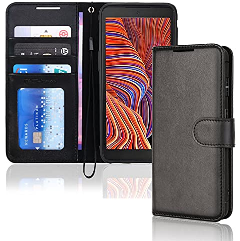 TECHGEAR Leder Hülle Galaxy XCover 5, PU Leder Flip Case Schutzhülle Ledertasche [Brieftasche] Handyhülle mit Ständer und Handschlaufe Beutel kompatibel mit Samsung Galaxy XCover 5 - Schwarz