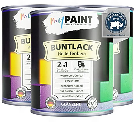 myPaint 2in1 Buntlack Glänzend (2,25L Hellelfenbein / Beige RAL 1015) – Wetterfeste Holzfarbe Holzlack & Küchenmöbellack. Getrocknet sicher für Kinderspielzeug. Für Innen & Außen