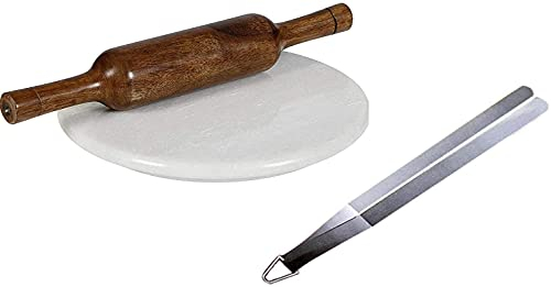 Will and Weaves White Marble Chakla with Wooden Belan Stainless Steel Tong Marble Chakla Wood Belan Steel Tong Set Rolling Pin with Bread Board Marble Roller Board with Rolling Pin Steel Tong