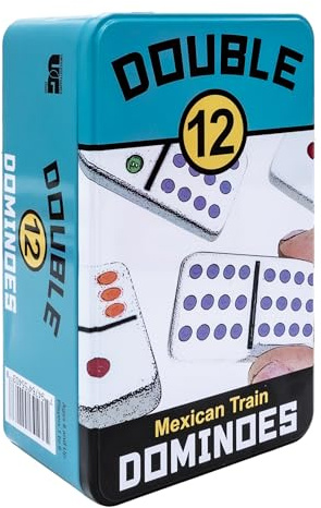 Front Porch Classics, Mexican Train, Double 12, Colored Dot Dominoes Set On-The-Go Travel Storage Tin, 2 to 8 Players, for All Ages