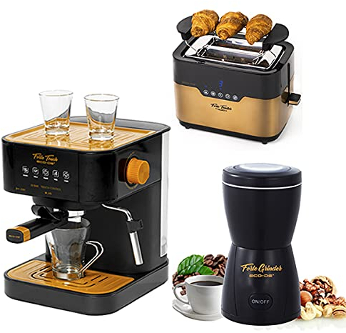 ECODE® Pack Cafetera Express de 20 BAR y 1050 W con Vaporizador + Molinillo Electrico con Cuchillas de Acero Inoxidable + Tostadora de Pan con Control Táctil, Doble Ranura, 7 Niveles de Tueste