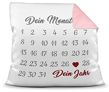 PR Print Royal Kissen Kalender selbst gestalten - mit anpassbarem Jahrestag, mit Namen & Text Bedrucken - Geschenk Valentinstag, Jahrestag, Paar, Liebe - inkl. Füllung, Farbkissen Rückseite Rosa