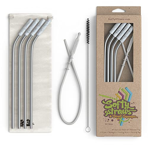 Softy Straws Premium Reusable Stainless Steel Drinking Straws With Silicone Tips + Patented Straw Cleaners and Carrying Case - 9” Long Metal With Curved Bend for 20/30/32oz Tumblers