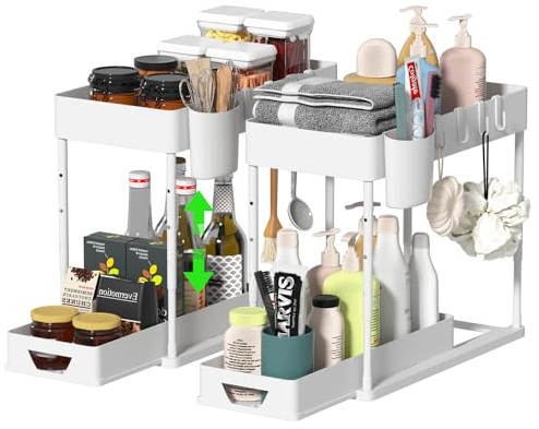 HI NINGER 2Pack 2 Tier Küchen Organizer Set,Unter Waschbecken Regal Schubladen-Organizer Anhebbares Waschbecken Regal mit 8 Haken,16rutschfeste Pads&2 Hängebecher Spülschrankregal Küche Organizer