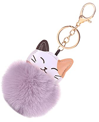 ihreesy Porte-clés en PU Cuir, Boule de Fausse Fourrure Pendentif Pompon Belle Chat Animal Boule Porte-clés Pendentif Décoration pour Femmes Filles Sac Accessoires de Sac à Dos Sac à Main,Gris