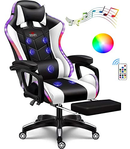 Silla de juego Silla de oficina de masaje/Gaming Chair luces y altavoces LED RGB, silla de computadora reclinable ajustable con soporte lumbar Reposacabezas Sillas de video Chair,Blanco