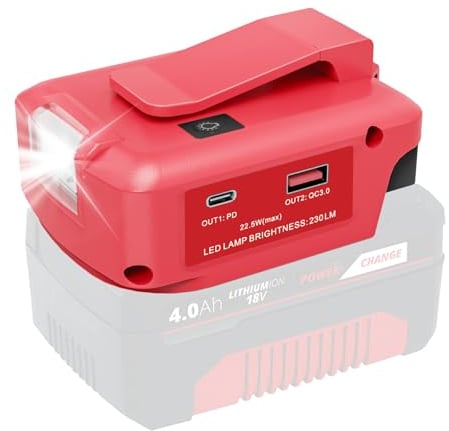 Waitley USB-Adapter für Einhell 18V Akku, mit LED-Arbeitslicht, 12V DC-Ausgang, 2 USB-Anschlüssen & Gürtelclip, mobiles Ladegerät für Smartphone & Tablet (Akku Nicht enthalten)