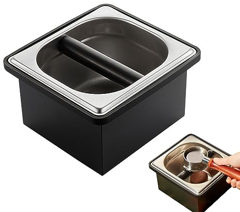 Gocoffun Espresso Coffee Knock Box, Stainless Steel Coffee Pucks Container, with Noise Reduction Rubber Ring,Silicone Bar for Knocking Portafilter Filter Grinds