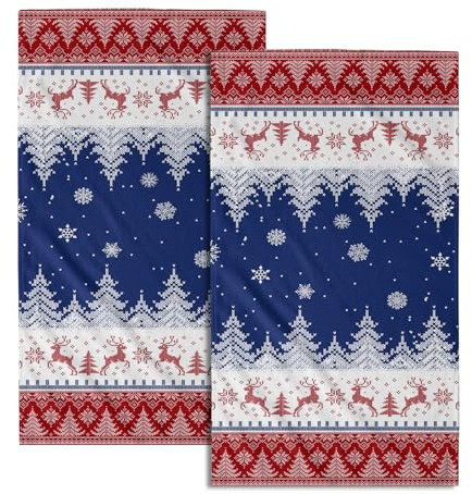 Giwawa Handtuch mit Weihnachtsbaum und Hirsch – Welcome Winter Elch Badetücher Set von 2 rot blau Xmas Handtücher Bauernhaus Schneeflocke Wildlife Küche Geschirrtuch Dekor