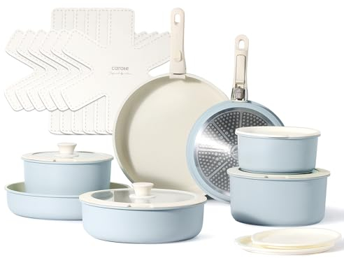 CAROTE 21pcs Detachable Handle Pots and Pans Set, Nonstick Cookware with Removable Handle, RV and Oven Safe, Blue