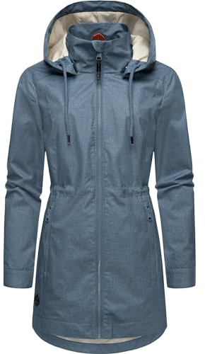 Ragwear Damen Übergangsjacke leichte Jacke lang wasserdicht mit abnehmbarer Kapuze Dakkota II Stone Blue Gr. 5XL