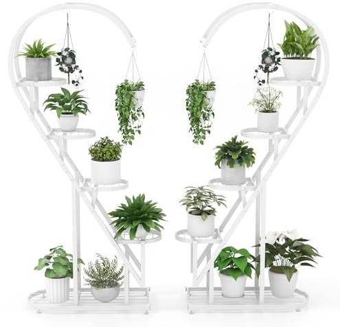 GOPLUS Support Plantes Interieur en Métal à 5 Niveaux, 148 CM de Haut, 2 PCS Porte Plante Interieur avec 10 Étagères à Latte, 4 Crochets Suspendues pour Plantes Forme Cœur, pour Salon, Chambre (Blanc)