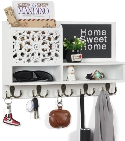 QILICZ Plaque à clés en bois avec étagère, porte-clés, étagère murale pour étagère à clés, étagère à clés, tableau noir et 10 crochets, porte-manteau mural, blanc