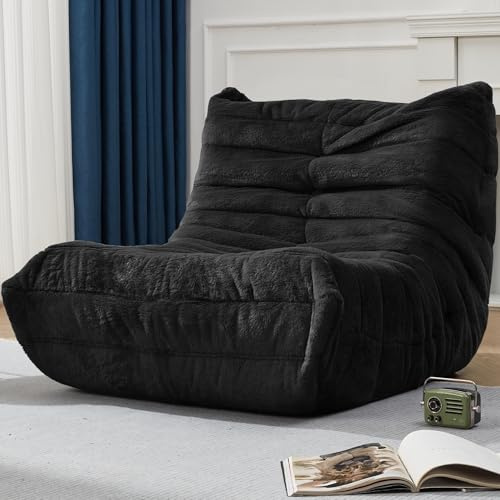 Puf gigante de espuma viscoelástica para adultos, puf con relleno de piel sintética para chimenea, sofá perezoso para sala de estar, dormitorio, oficina (felpa negra, individual)