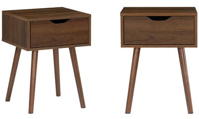 sweeek - Mesita de Noche de Madera teñida Nogal, 1 cajón, Set de 2, Nepal, Madera de Nogal, 39x39x55 cm