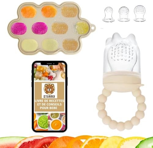 Grignoteuse Bébé avec Bac Glacon Bebe Diversification Alimentaire - Silicone Sans BPA, 3 Tailles Tétines avec Anneaux de Dentition Intégré, Couvercle, Ebook Gratuit, Jouet Dentition Bébé, Beige