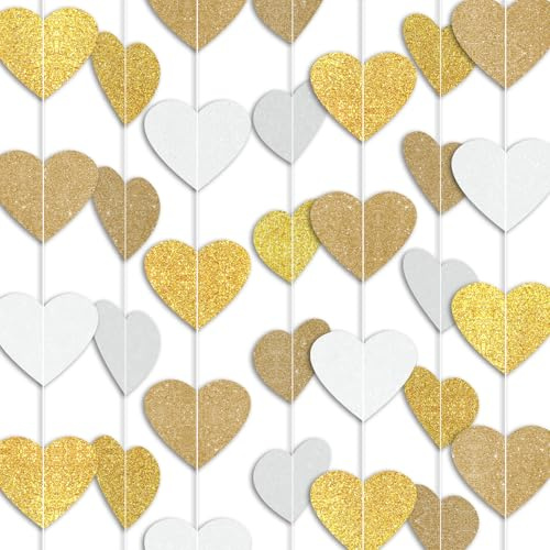 White Gold Party Decorations, Heart Streamers Garland- 48ft, Christmas Wedding Engagement Neutral Baby Shower Bachelorette Bridal Shower Party Decorations