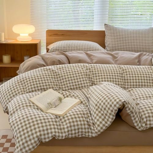 NSNLGSGC Parure de lit king size avec housse de couette et 2 taies d'oreiller - Entretien facile - 220 x 230 cm - Vichy brun clair