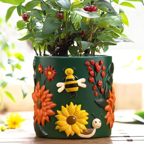 AmiCera Cute Sunflower Bee Übertopf für Indoor Pflanzen, Funky Sukkulenten Pflanztopf mit Drainage, einzigartige Schmetterling Blumentopf Home Decor, Ästhetische Gartenarbeit Geschenk, Dunkles Grün