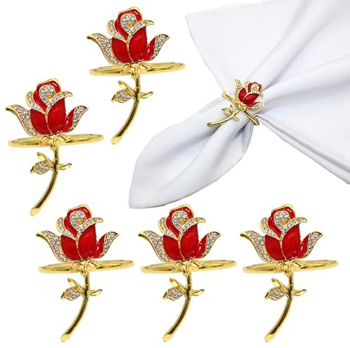 Marooma Serviettenringe mit Rosenblüten-Set, 6 Stück, 1,25 Zoll Goldene Rote Rosen-Serviettenringhalter, Zarte Valentinstag-Serviettenringe für den Esstisch, Hochzeit,