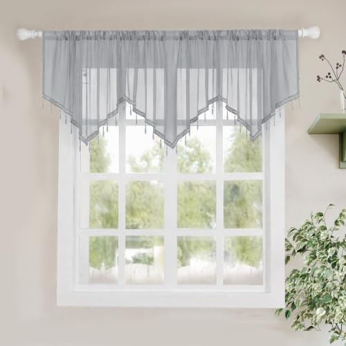 Molaxhome Swag Curtain Scalloped Curtain Valance Drape Sheer Lace Panel 1pc | 51 inch Length,Rod Pocket,Hanging Crystal Beads,Kitchen Valance,Bedroom Valance,Window Treatments,Grey,51Wx23L inch
