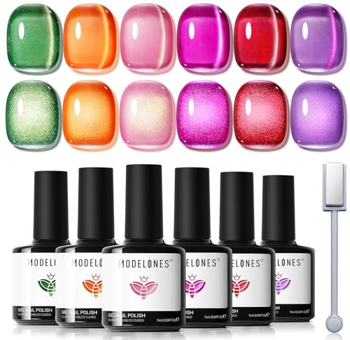 Modelones Cat Eye Gel Nail Polish 6 Colors Neon Galaxy Pink Cat Eye Gel Polish With Magnet Orange Purple Red Nail Kit Soak OFF Nail Art Manicure Salon DIY Gift For Women