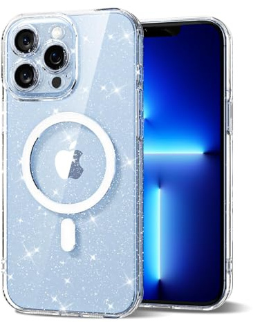 Svanove for iPhone 13 Pro Max Case Clear Glitter Compatible with Magsafe, Sparkly Bling Transparent Slim Thin Magnetic Mag Safe Case Cute, Girly Aesthetic Glittery Shiny Sparkle Rubber for Women Girls